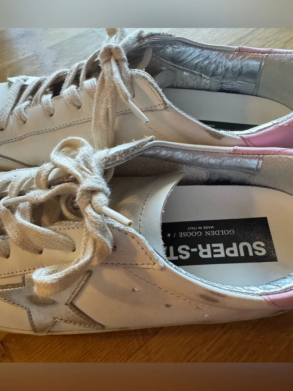 Golden Goose Super-Star White Leather Sneakers Pink and Silver Accents Sz 40 - Picture 12 of 16